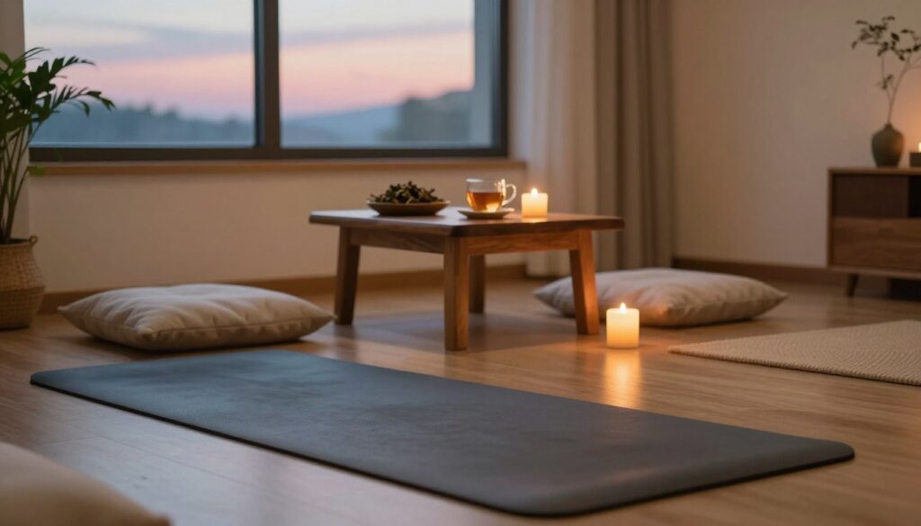 A tranquil meditation space for relaxation, featuring a comfortable yoga mat in the foreground, surrounded by soft cushions and a gentle flickering candle. In the middle ground, a small wooden table holds herbal tea, and a plant adds a touch of nature. Soft, ambient lighting creates a warm glow throughout the room, enhancing the peaceful atmosphere. In the background, a serene window reveals a gentle twilight sky, with subtle shades of pink and blue casting a calming influence. The overall mood is soothing and inviting, encouraging mindfulness and tranquility, with a focus on creating a perfect environment for meditation and stress relief. The scene is shot from a slightly elevated angle, emphasizing the feeling of openness and serenity. A tranquil meditation space for relaxation, featuring a comfortable yoga mat in the foreground, surrounded by soft cushions and a gentle flickering candle. In the middle ground, a small wooden table holds herbal tea, and a plant adds a touch of nature. Soft, ambient lighting creates a warm glow throughout the room, enhancing the peaceful atmosphere. In the background, a serene window reveals a gentle twilight sky, with subtle shades of pink and blue casting a calming influence. The overall mood is soothing and inviting, encouraging mindfulness and tranquility, with a focus on creating a perfect environment for meditation and stress relief. The scene is shot from a slightly elevated angle, emphasizing the feeling of openness and serenity.