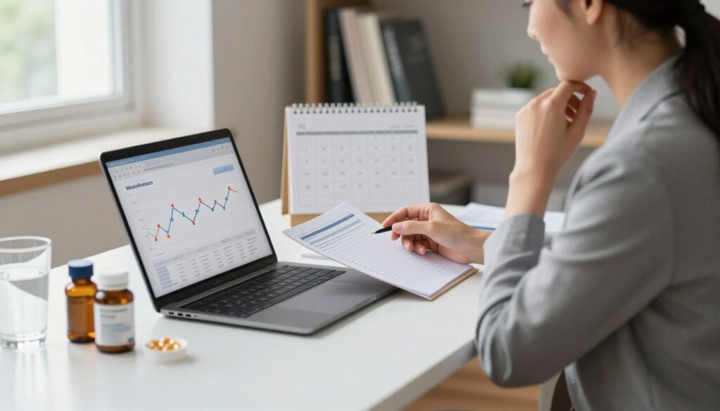 A tranquil office setting depicting a woman in professional attire, thoughtfully reviewing a chart on a laptop screen showing a timeline of vitamin supplementation effects. In the foreground, a neatly organized desk features various vitamin bottles and a glass of water, symbolizing health and wellness. In the middle ground, a calendar and planner are visible, emphasizing planning and assessment of supplementation over time. Soft, natural lighting filters in from a nearby window, creating a calm and focused atmosphere. The background includes a bookshelf filled with health literature, enhancing the theme of informed decision-making in wellness. The overall mood is professional yet inviting, encouraging viewers to consider the importance of evaluating the effectiveness of supplementation.