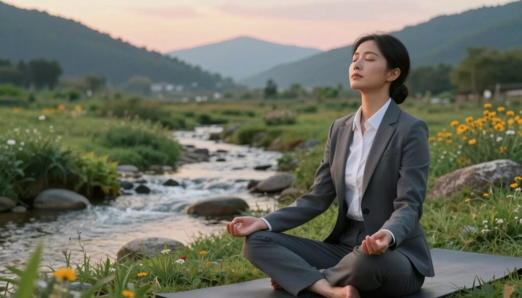 A tranquil scene depicting muscle relaxation in a serene environment. In the foreground, a person in professional business attire is seated in a comfortable yoga pose, eyes closed, radiating calmness. Soft lighting creates a warm glow, emphasizing the tension release in their shoulders and neck. In the middle ground, a gentle stream flows through a lush, green landscape, symbolizing the tranquility of nature, with smooth rocks and vibrant flora. The background features distant mountains under a soft, pastel sunset sky, enhancing the overall sense of peace. The atmosphere is serene and calming, evoking a feeling of release and rejuvenation, perfect for illustrating relaxation techniques.