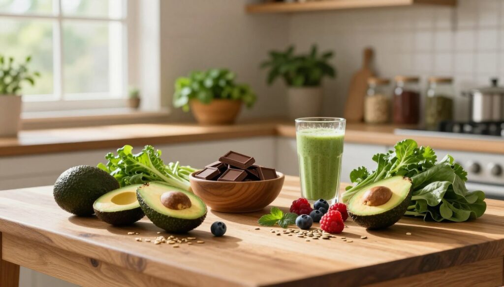 A vibrant and inviting kitchen scene filled with an array of colorful, fresh ingredients representing an anti-stress diet. In the foreground, a beautifully arranged wooden table showcases a variety of wholesome foods: avocados, berries, leafy greens, nuts, and seeds. Behind the table, a bowl of dark chocolate and a glass of green smoothie emphasize the mood of relaxation and nourishment. Soft, natural light streams in through a window, casting warm shadows that create a peaceful atmosphere. The background features rustic wooden shelves filled with herbs and jars containing spices, enhancing the feeling of a nurturing environment. Overall, the image conveys tranquility, health, and a balanced lifestyle, ideal for supporting well-being.