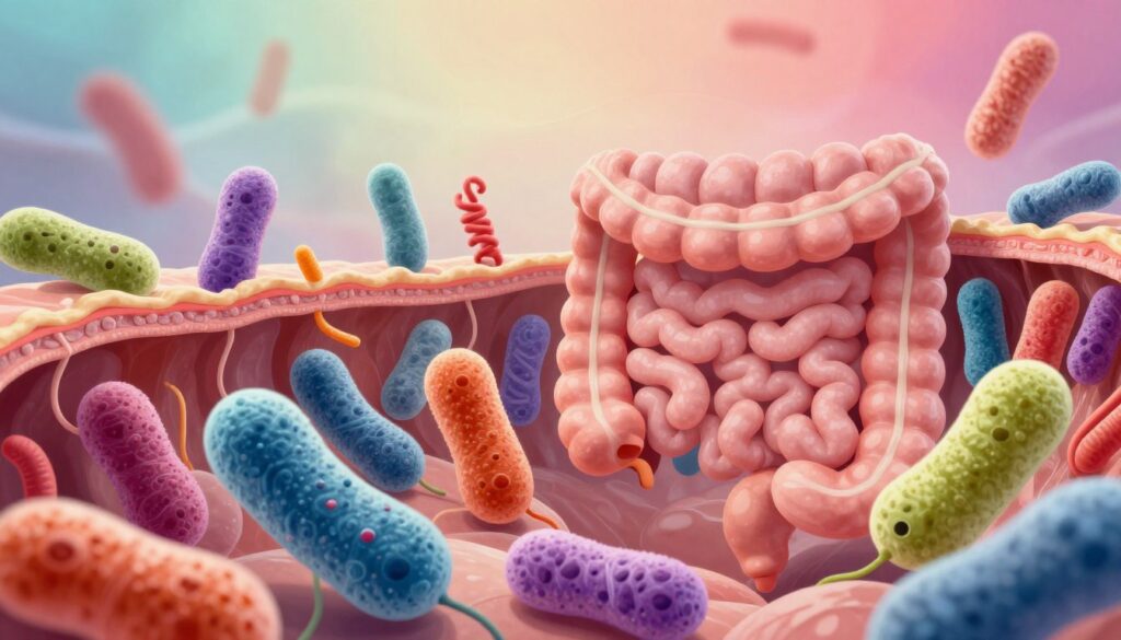 A vibrant, detailed illustration of gut bacteria within a human intestine, showcasing a diverse array of colorful microbial forms, both spiral and spherical, in an animated style. In the foreground, highlight several larger bacteria interacting, symbolizing their beneficial role in digestion and mood regulation. The middle ground should include a cross-sectional view of the intestinal wall, demonstrating the protective mucus layer and villi, while the background fades into a soft gradient of pastel colors to evoke a serene, healthy atmosphere. Soft, diffused lighting enhances the overall vibrancy of the bacteria. The composition invites a sense of curiosity and wonder about the microbiome, emphasizing the connection between gut health and emotional well-being.