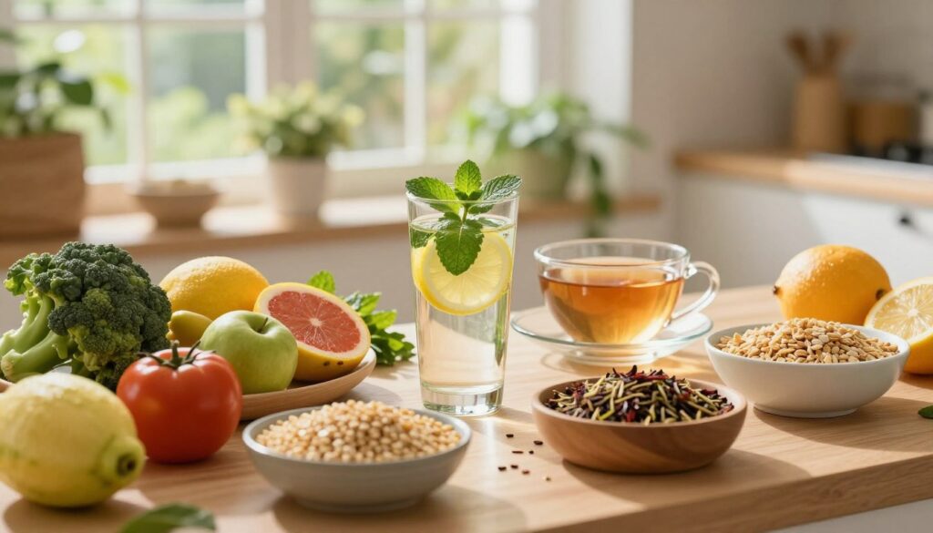 A vibrant, healthy kitchen scene as the foreground, featuring a beautifully arranged table filled with colorful fruits, vegetables, and whole grains representing an antistress diet. In the middle, a glass of water infused with lemon and mint sits beside a cozy bowl of herbal tea, symbolizing hydration and relaxation. The background showcases soft-focus elements of a calming indoor garden with sunlight streaming through large windows, creating a warm and inviting atmosphere. The overall lighting is bright yet soft, enhancing the freshness of the food. Capture this scene from a slightly elevated angle to provide a comprehensive view of the array of food items while emphasizing a sense of tranquility and wellness. The mood is serene and uplifting, encouraging healthy lifestyle choices. A vibrant, healthy kitchen scene as the foreground, featuring a beautifully arranged table filled with colorful fruits, vegetables, and whole grains representing an antistress diet. In the middle, a glass of water infused with lemon and mint sits beside a cozy bowl of herbal tea, symbolizing hydration and relaxation. The background showcases soft-focus elements of a calming indoor garden with sunlight streaming through large windows, creating a warm and inviting atmosphere. The overall lighting is bright yet soft, enhancing the freshness of the food. Capture this scene from a slightly elevated angle to provide a comprehensive view of the array of food items while emphasizing a sense of tranquility and wellness. The mood is serene and uplifting, encouraging healthy lifestyle choices.