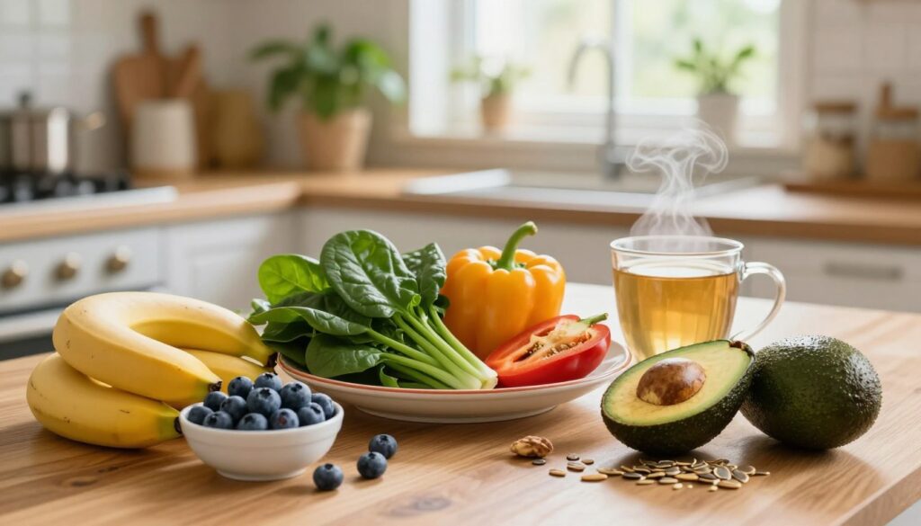 A vibrant, healthy spread of anti-stress foods on a wooden kitchen table, foreground featuring a colorful assortment of fruits like blueberries, bananas, and avocados alongside a bowl of nuts and seeds. In the middle, a decorative plate holds fresh vegetables, including spinach and bell peppers, arranged artistically. A steaming mug of herbal tea is nearby, exuding a sense of warmth and comfort. The background showcases a soft-focus view of a sunny kitchen with green plants, creating a serene atmosphere. Natural light filters through a window, casting a cozy glow over the scene. The overall mood is calming and inviting, emphasizing wellness and nourishment. The composition is shot with a shallow depth of field, highlighting the food while softly blurring the background elements.