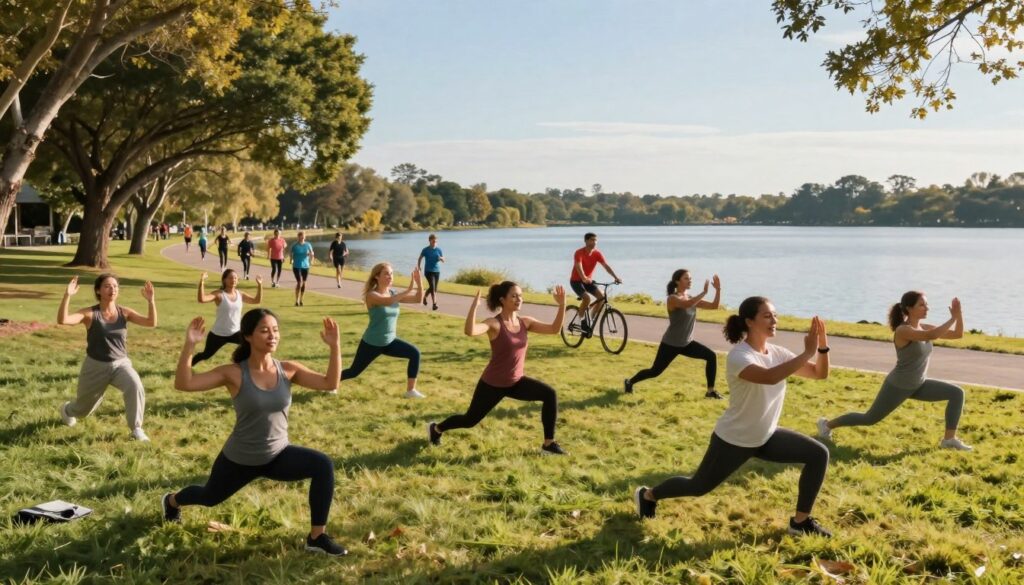 A vibrant outdoor scene showcasing physical activity to reduce stress. In the foreground, a diverse group of individuals in modest athletic wear engage in a joyful group exercise, such as yoga or tai chi, on a sunlit grassy area. The middle ground features people jogging and cycling along a serene path lined with trees, reflecting an encouraging community atmosphere. In the background, a peaceful lake glimmers under a clear blue sky, enhancing the calm mood. The lighting is warm and inviting, producing soft shadows that evoke a sense of tranquility. The composition is dynamic yet harmonious, capturing the essence of movement and well-being through physical activity in nature.