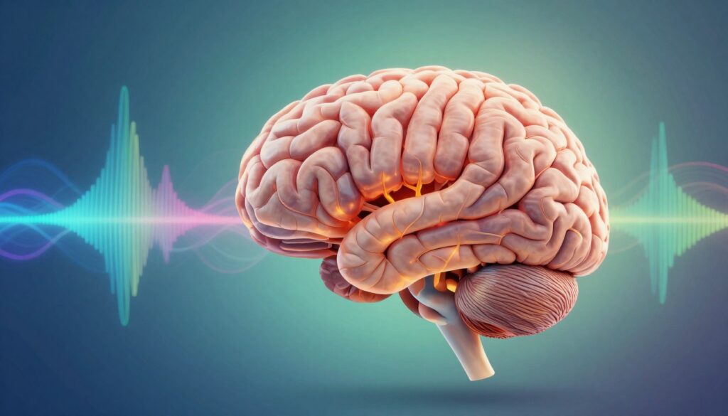 A vibrant representation of a human brain, intricately detailed, floating in a serene, atmospheric space that conveys a sense of calm and contemplation. The foreground features the brain illuminated by a soft, warm light, highlighting its complex structures and neural pathways. In the middle ground, abstract waves of colorful sound frequencies emanate from the brain, depicting the connection between music and mood, transforming into soothing patterns. The background is a gentle gradient of blues and greens, evoking a tranquil environment that suggests relaxation and mental clarity. The overall mood is peaceful, with a focus on harmony and emotional balance. Use a wide-angle perspective to capture the full essence of the brain and its surroundings, emphasizing the interplay between music and emotional well-being.