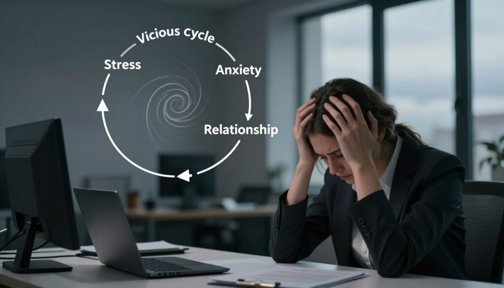 A visual representation of a complex cyclical problem illustrating stress, sexual issues, and growing difficulties. In the foreground, an anxious person in professional attire, sitting at a desk with their hands on their head, reflecting frustration. In the middle, a swirling diagram depicting the "vicious cycle" of stress and intimacy issues, with arrows looping between stress, anxiety, and relationship problems. The background should consist of a dimly lit office environment, with soft shadows and a window showing a cloudy sky, enhancing the feeling of confinement and tension. The overall mood is somber and contemplative, capturing the emotional weight of the topic. Use soft, diffused lighting to convey an atmosphere of introspection and complexity.