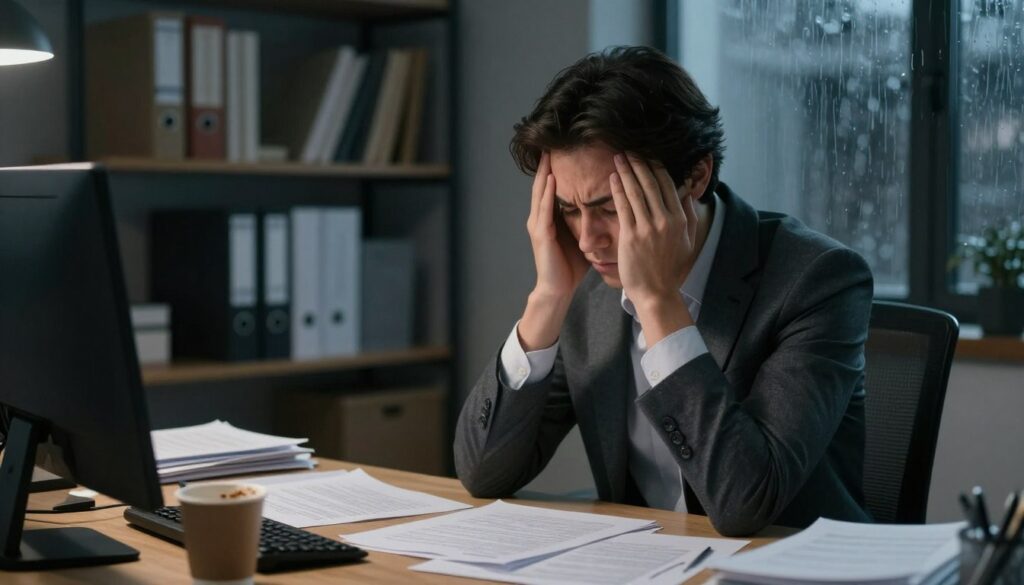 A visual representation of chronic stress, featuring a professional individual sitting at a cluttered desk in a dimly lit office. The foreground shows the person, dressed in smart casual attire, with a weary expression and furrowed brows, hands resting on their face, signaling fatigue. In the middle, scattered papers and a half-empty coffee cup evoke a sense of overwhelmed workload. The background includes shelves filled with books and a window with rain streaking down, casting a gloomy atmosphere. Soft, diffused lighting creates shadows that enhance the feeling of isolation and pressure. The overall mood should convey the heaviness of prolonged stress, highlighting the emotional and psychological toll it takes over time.