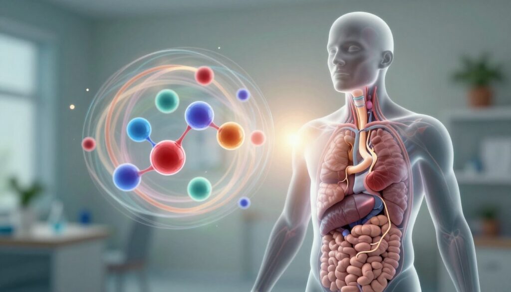 A visual representation of the biochemical process of cortisol, the stress hormone, within the human body. In the foreground, illustrate a transparent human silhouette, emphasizing the endocrine system, highlighting the adrenal glands and pathways influenced by cortisol. The middle layer depicts vibrant, swirling visuals of cortisol molecules, showcasing their interaction with receptors in various organs. In the background, include a soft-focus, calming environment with muted colors like blues and greens to evoke a sense of tranquility amidst the chaos of stress. Soft lighting illuminates the scene, creating an ethereal, scientific atmosphere, with a slight lens flare effect to enhance the mood. The overall tone conveys tension transforming into relaxation, emphasizing cortisol's dual role in stress management.