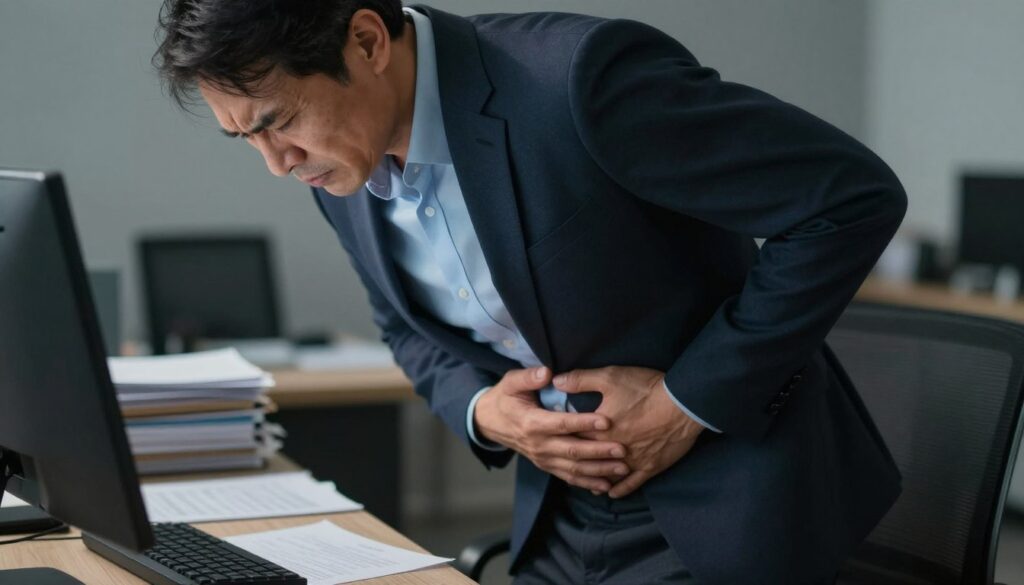 A visual representation of the physical discomfort caused by stress, focusing on a subtle depiction of a person in a professional office setting. In the foreground, show a middle-aged individual, appearing tense and anxious, dressed in smart business attire, with a hand on their stomach to represent the sensation of gut discomfort. The middle ground features an office desk cluttered with papers and a computer, indicating pressure. In the background, soft lighting casts a subdued atmosphere, with shadows creating a feeling of overwhelm. Capture the moment in a slightly tilted angle to enhance the sense of unease. The overall mood should convey stress and anxiety, inviting the viewer to empathize with the physical manifestations of emotional strain. A visual representation of the physical discomfort caused by stress, focusing on a subtle depiction of a person in a professional office setting. In the foreground, show a middle-aged individual, appearing tense and anxious, dressed in smart business attire, with a hand on their stomach to represent the sensation of gut discomfort. The middle ground features an office desk cluttered with papers and a computer, indicating pressure. In the background, soft lighting casts a subdued atmosphere, with shadows creating a feeling of overwhelm. Capture the moment in a slightly tilted angle to enhance the sense of unease. The overall mood should convey stress and anxiety, inviting the viewer to empathize with the physical manifestations of emotional strain.