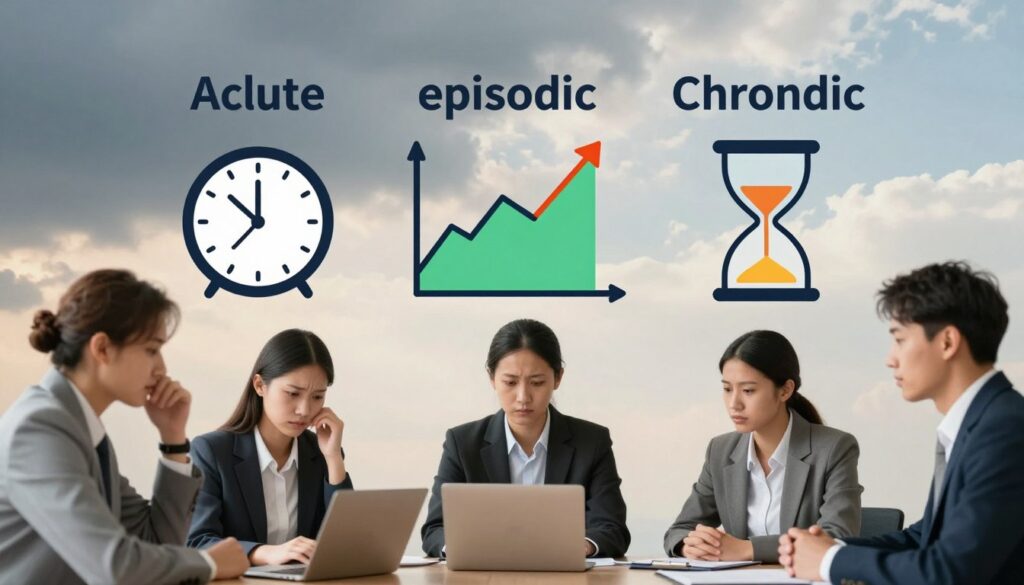 A visual representation of the three types of stress: acute, episodic, and chronic. In the foreground, a diverse group of professionals in business attire are engaging in discussions, displaying varying expressions - concern, anxiety, and calmness. In the middle, vividly illustrated symbols for each stress type: a clock representing acute stress, a graph depicting episodic stress with sharp peaks, and an hourglass for chronic stress. The background features a soft gradient transitioning from dark, stormy clouds on one side to a serene, bright sky on the other, symbolizing the journey from stress to balance. Soft, natural lighting illuminates the scene, creating a thoughtful, reflective mood, captured from a slightly elevated angle to encompass the entire composition.