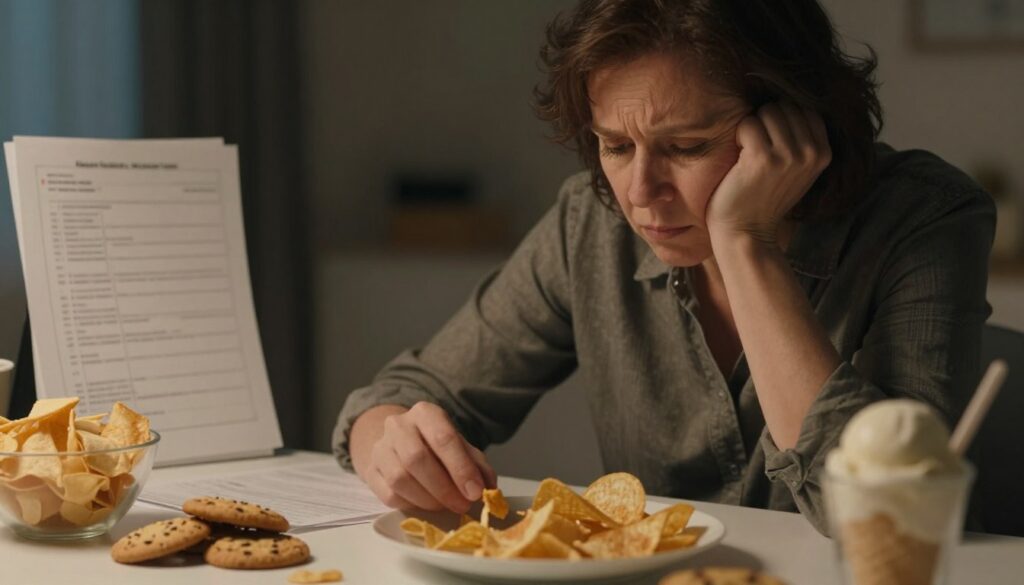 A visually impactful image illustrating emotional eating, featuring a middle-aged person sitting at a desk surrounded by scattered comfort foods like cookies, chips, and ice cream, reflecting stress and distraction. In the foreground, the person has a pensive expression, their hand poised over the snacks, symbolizing the struggle between emotional and physical hunger. The middle ground shows a dimly lit room with soft, warm lighting to convey a melancholic yet introspective mood. In the background, blurry images of paperwork and an overflowing inbox suggest overwhelming stress. The overall atmosphere should evoke a sense of contemplation, highlighting the unnoticed signs of stress eating without any text or distractions.
