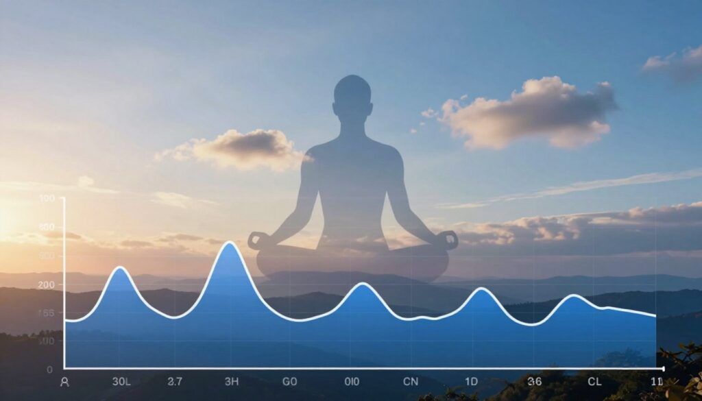 A visually stimulating representation of cortisol levels throughout the day, featuring a dynamic graph in the foreground that illustrates fluctuations, with peaks in the morning and declines in the evening. The middle ground shows an abstract human silhouette meditating, symbolizing stress management, surrounded by a serene landscape that reflects the passage of time—light transitioning from warm sunrise tones to cool twilight blues. In the background, soft clouds drift across a clear sky, enhancing the feeling of tranquility. The image should have a calm and informative mood, illuminated by gentle, natural lighting, creating a balance between scientific data and a peaceful atmosphere. Use a wide-angle perspective to capture the expansive scene in a harmonious composition.