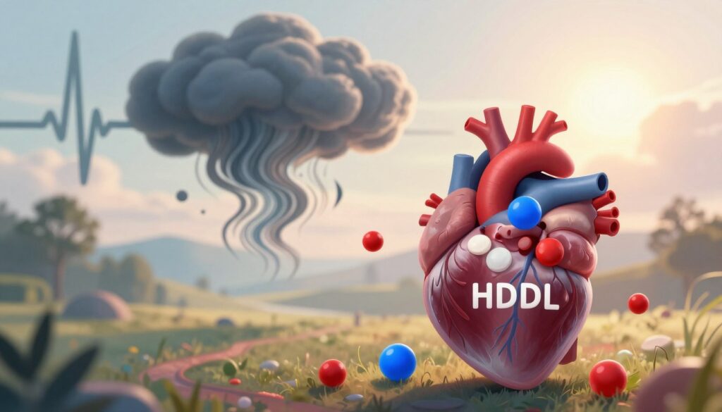 A visually striking illustration of cholesterol levels and stress, highlighting their connection and significance for heart health. In the foreground, a detailed anatomical representation of a human heart surrounded by vibrant, color-coded cholesterol molecules— LDL (low-density lipoprotein) in red and HDL (high-density lipoprotein) in blue—demonstrating their interaction. In the middle ground, an abstract depiction of stress, represented by swirling, dark clouds and jagged waves of pulse lines, symbolizing anxiety. The background features a serene landscape of a healthy cardiovascular system, with soft sunlight streaming through, creating a hopeful and uplifting mood. The lighting is warm, with a soft focus that emphasizes the heart's importance amidst the chaos of stress. The angle is slightly elevated to capture the interplay of all elements effectively.
