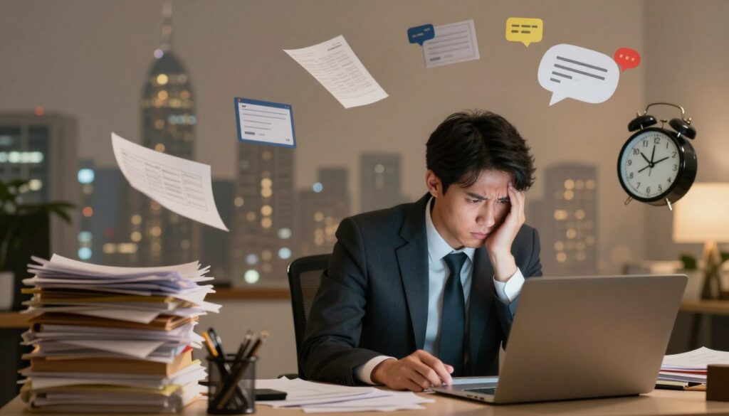 A visually striking representation of the concept of stress as a psychological process. In the foreground, a thoughtful professional in business attire, sitting at a cluttered desk surrounded by papers and a laptop, displays a look of contemplation and concern. The middle ground shows chaotic elements, like an overflowing inbox, a ticking clock, and notifications popping up, symbolizing external stressors. In the background, a soft-focus city skyline conveys the hustle and bustle of modern life, suggesting an overwhelming environment. The lighting is warm yet dim, creating a contrast between the clarity of thoughts and the chaos surrounding the subject. The mood is intense yet reflective, capturing the essence of stress as both a stimulus and reaction in the human experience.