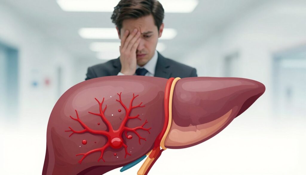 A vivid illustration of a healthy liver alongside a detailed representation of a liver hemangioma. In the foreground, a diagrammatic view of the liver, showcasing its anatomical features in vibrant colors, highlights the hemangioma—a cluster of blood vessels—depicted in bold red against the softened pink and beige tones of the surrounding healthy liver tissue. In the middle ground, a blurred silhouette of a worried individual in professional business attire, their expression showing concern, emphasizes the emotional aspect of complications. The background features a soft-focus hospital environment, hinting at medical professionalism and care. The lighting is bright and clinical, augmented by an atmosphere of caution and awareness. The angle is slightly elevated, capturing both the liver's details and the figure's expression to convey the importance of recognizing risks.