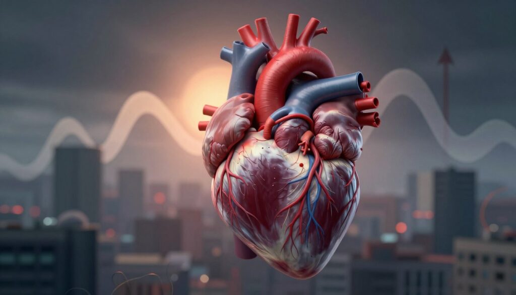 A vivid illustration of a human heart, intricately detailed to show its chambers and veins, pulsating against a backdrop of a gradual, abstract representation of high blood pressure, such as rising waves or arrows to symbolize elevation. In the foreground, a subtle representation of stress, like tangled wires or chaotic clouds, looms, casting a shadow over the heart. The middle ground should feature a soft, warm light illuminating the heart, conveying vitality against the darker, stress-laden elements. A blurred cityscape in the background suggests an everyday environment full of life's pressures. Use a close-up angle to highlight the heart while maintaining an emotional, tense atmosphere, blending realism with abstract elements to underscore the impact of stress on the cardiovascular system.