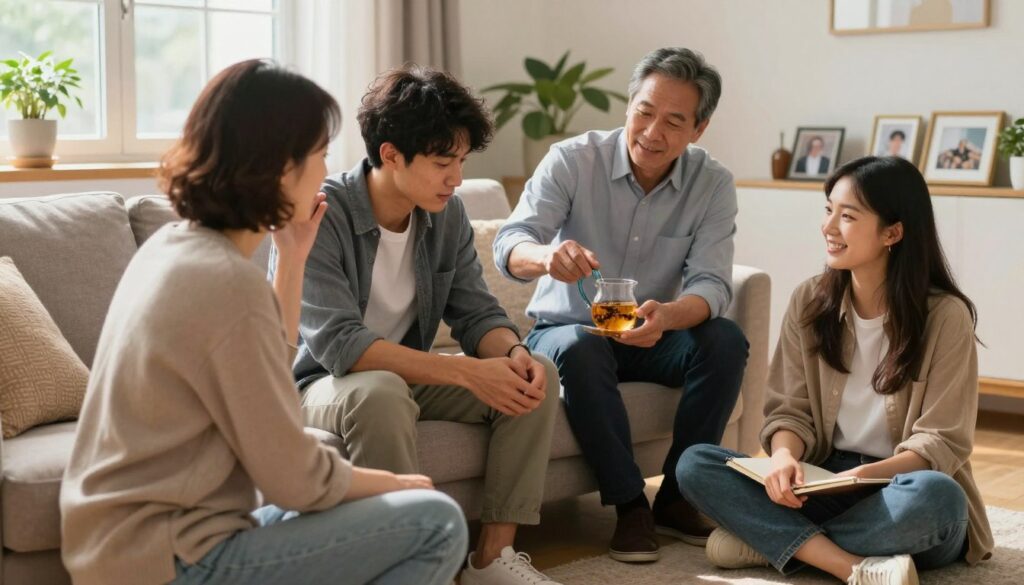 A warm, supportive environment featuring a diverse group of four individuals in a cozy, well-lit living room setting. In the foreground, a middle-aged woman in smart casual clothing offers comforting words to a young man sitting on a plush sofa, who looks relieved as he listens. To the side, a middle-aged man in a tailored shirt is preparing herbal tea, offering a calming presence, while a smiling young woman sits cross-legged on the floor, holding a notepad, ready to provide support and encouragement. In the background, soft sunlight filters through a window, illuminating plants and framed photos that suggest a sense of safety and community. The mood is compassionate and nurturing, emphasizing emotional support and connection.
