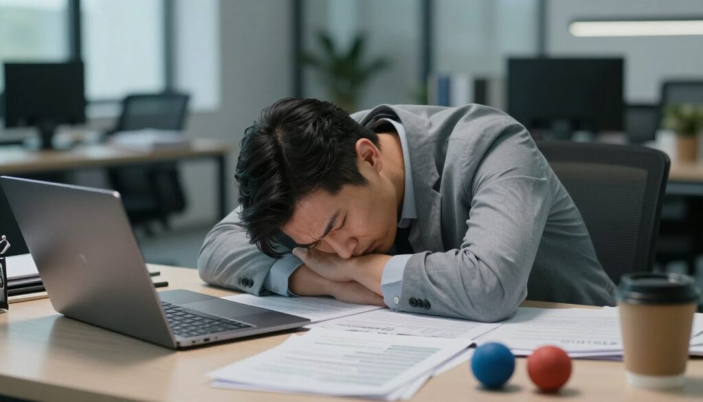 A weary professional in a modern office setting, slumped over a desk cluttered with paperwork, a laptop, and coffee cups, conveying the weight of chronic stress. The foreground features a close-up on the individual, a middle-aged person dressed in formal business attire, with furrowed brows and tired eyes reflecting overwhelm. In the middle ground, scattered documents and stress-inducing items like an alarm clock and stress balls represent disorganization. The background is a busy office environment with soft, ambient lighting that creates a melancholic but hopeful atmosphere, symbolizing the struggle against persistent stress. The scene is captured from a slightly elevated angle to emphasize the burden of stress on the individual, focusing on their emotional state without any additional distractions.