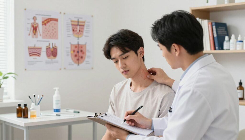 A well-lit clinical examination room focusing on a skin diagnostics scene. In the foreground, a dermatologist in a professional white coat is examining a patient’s neck for red spots, taking notes on a notepad. The patient, wearing a modest shirt, appears attentive and concerned. The middle ground features a close-up view of anatomical illustrations related to skin conditions pinned on the wall, along with medical instruments on a nearby table. The background includes shelves with dermatology textbooks and skin care products, softly illuminated by natural light filtering through a window. The atmosphere is calm and professional, emphasizing the importance of thorough diagnostics in understanding skin issues. The image should convey a sense of care and expertise in dermatology without any distractions or explicit content.
