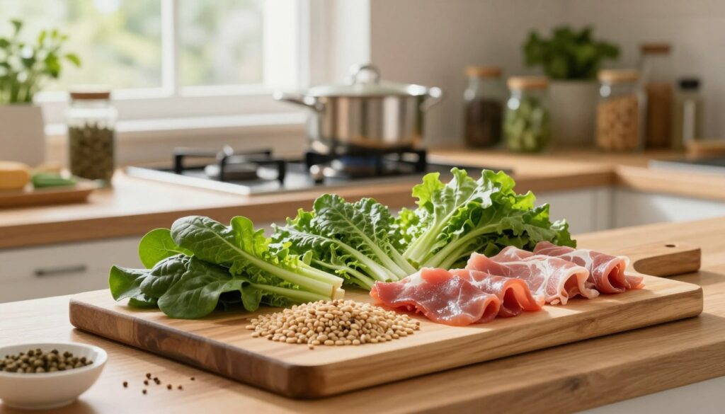 A well-organized kitchen scene showcasing a healthy diet tailored for gastrointestinal support. In the foreground, a wooden cutting board laden with colorful, fresh ingredients like leafy greens, whole grains, and lean proteins, artfully arranged to suggest a balanced meal. In the middle ground, a cozy cooking space with a pot simmering on the stove, surrounded by jars of herbs and spices. The background features soft natural light filtering through a window, illuminating the space with a warm, inviting glow. The mood is calm and reassuring, encapsulating a sense of wellness and self-care. This tranquil atmosphere encourages viewers to embrace healthy eating habits, fostering a supportive environment for stomach health.