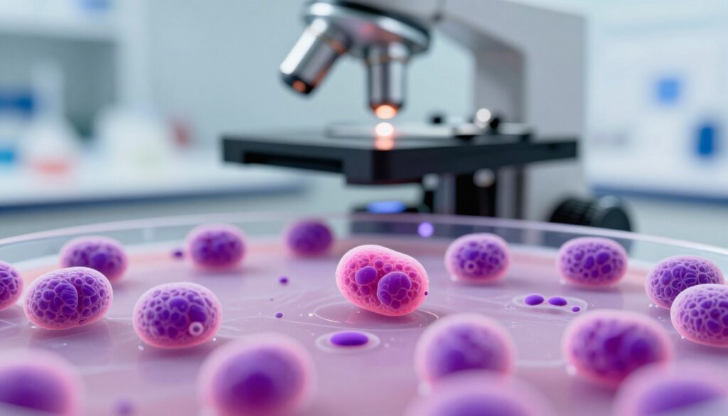 An abstract representation of elevated eosinophil levels depicted through a close-up of a blood sample under a microscope, showcasing a vibrant landscape of eosinophils. In the foreground, detailed eosinophil cells with bright pink and purple hues, capturing their unique bi-lobed nucleus and granular cytoplasm. The middle layer features the microscope, reflecting soft light against a sleek, polished surface, emphasizing precision and scientific inquiry. In the background, a blurred laboratory environment, suggesting a clinical setting with hints of scientific equipment and charts. The lighting should be bright and clinical, creating a focused mood that represents the seriousness of health monitoring. No text or branding present, aiming for a professional and educational atmosphere.