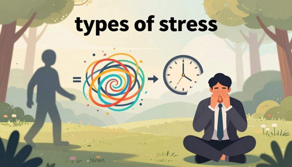 An informative and visually engaging illustration of the "types of stress" concept. In the foreground, depict a calm, contemplative individual in professional attire, meditating or practicing deep breathing. In the middle ground, visualize distinct representations of stress types: a shadowy figure embodying anxiety, a chaotic swirl of colors symbolizing overwhelm, and a fragmented clock signifying time pressure. In the background, create a serene landscape with soft, diffused sunlight streaming through trees, suggesting tranquility and relief. Use warm, soothing colors to evoke a sense of comfort and resolution. The overall mood should be reflective and inspiring, promoting recognition and understanding of stress variations. Aim for a balanced composition that conveys the importance of awareness in stress management. An informative and visually engaging illustration of the "types of stress" concept. In the foreground, depict a calm, contemplative individual in professional attire, meditating or practicing deep breathing. In the middle ground, visualize distinct representations of stress types: a shadowy figure embodying anxiety, a chaotic swirl of colors symbolizing overwhelm, and a fragmented clock signifying time pressure. In the background, create a serene landscape with soft, diffused sunlight streaming through trees, suggesting tranquility and relief. Use warm, soothing colors to evoke a sense of comfort and resolution. The overall mood should be reflective and inspiring, promoting recognition and understanding of stress variations. Aim for a balanced composition that conveys the importance of awareness in stress management.