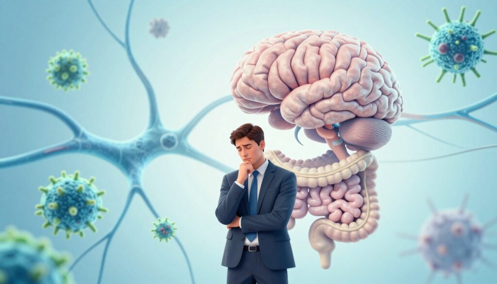 An intricate illustration of the gut-brain axis, showcasing the complex connection between the brain and digestive system. In the foreground, a stylized human figure, dressed in a professional business attire, stands with a thoughtful expression, symbolizing contemplation and awareness of stress. The middle ground features an artistic representation of neurons and gut microorganisms, intertwining in a vibrant, organic flow, depicted in soothing shades of blue and green that evoke calmness. In the background, abstract shapes representing stressors and environmental influences subtly blend into the scene, enhancing the contrast between tranquility and tension. Soft, diffused lighting bathes the entire composition, creating an ethereal atmosphere that highlights the interplay of mind and gut health.