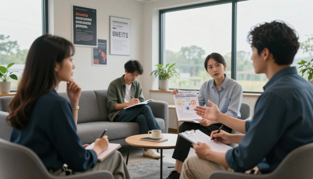 An office workspace interior bathed in soft, natural lighting, showcasing a diverse group of four professionals. The foreground features two people engaged in a thoughtful discussion, one gesturing towards a chart displaying anxiety management techniques. The middle ground includes a comfortable seating area where a third individual is jotting down notes, surrounded by inspirational posters about overcoming work stress. The background reveals large windows with a view of a serene outdoor landscape, emphasizing tranquility. The overall mood is calm and focused, conveying a sense of collaboration and support. The professionals are dressed in smart casual attire, exuding a professional yet relaxed atmosphere suitable for a constructive meeting on work-related anxiety.